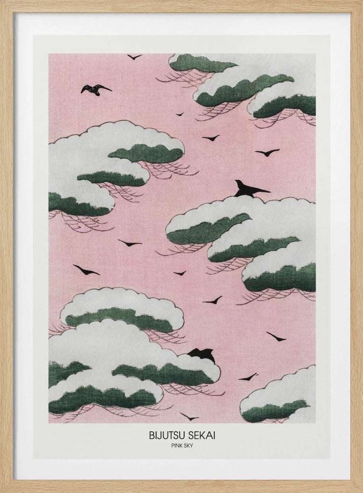 A framed Japanese art print titled 'Bijutsu Sekai Pink Sky' depicting stylized, snow-capped green and white clouds floating in a soft pink sky, with black birds flying between them. Print