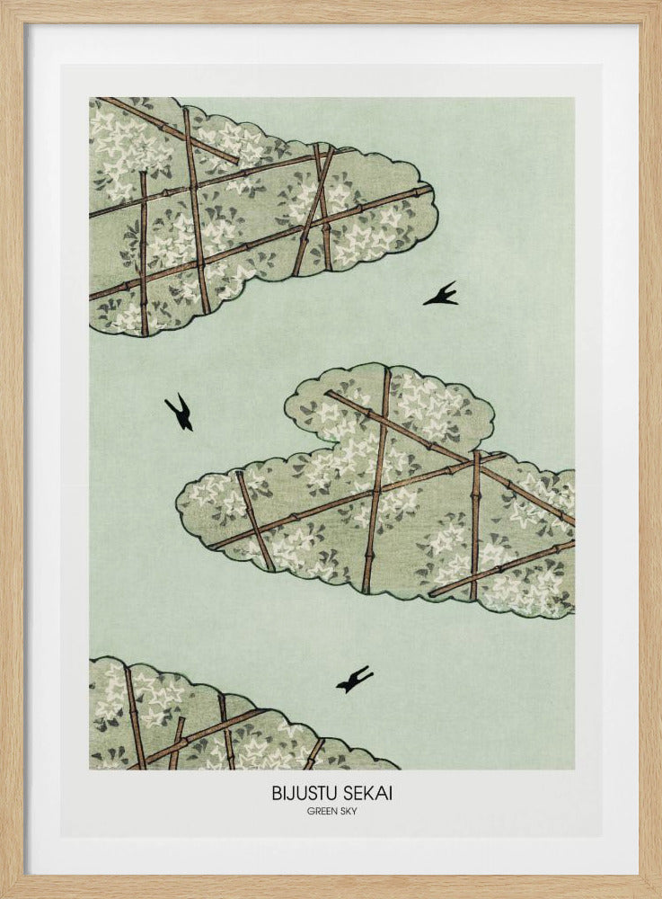 A Japanese woodblock style print titled 'Bijustu Sekai Green Sky'. It features three stylized green, cloud-like treetops filled with white blossoms against a pale mint green sky. The treetops are crisscrossed with brown bamboo trellises. Three black birds are seen flying in the open sky. Wall Art