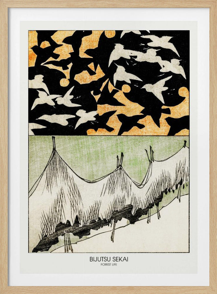 A Japanese woodblock style print titled 'Bijutsu Sekai, Forest Life'. The artwork is split into two panels: the top shows a black sky with an orange pattern, filled with silhouettes of black and white birds in flight. The bottom panel illustrates a stylized landscape of grassy hills in green, white, and black ink. Decor