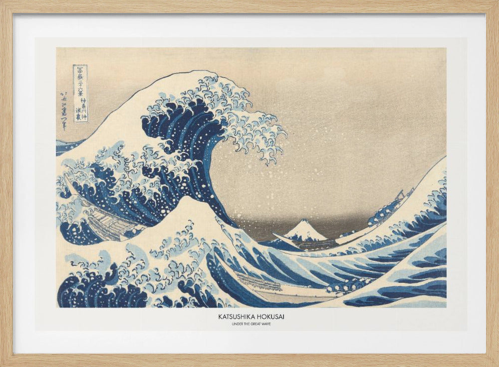 A framed print of Katsushika Hokusai's famous woodblock artwork, 'The Great Wave off Kanagawa,' featuring a giant, turbulent blue wave with white foam cresting over small boats, with Mount Fuji visible in the background under a muted sky. Wall Art