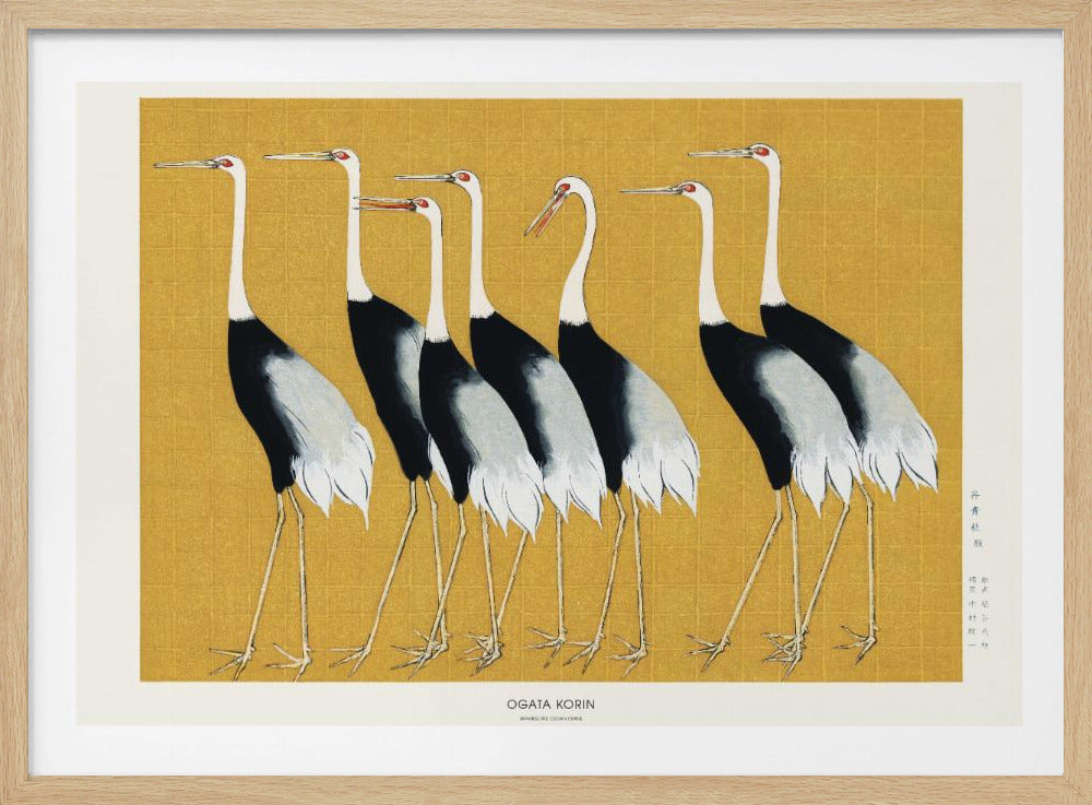 A Japanese woodblock print by Ogata Korin featuring a row of seven elegant red-crowned cranes standing against a solid gold, gridded background. The birds are painted in black and white with a touch of red on their heads. The artwork is shown in a silver frame with a white mat. Wall Art