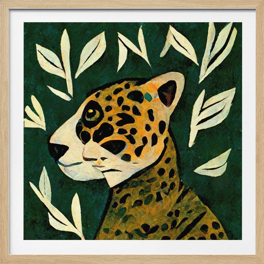 A stylized painting of a jaguar's head and neck in profile against a dark green background. The jaguar has yellow and orange fur with black spots. The background is adorned with scattered, simple, off-white leaf illustrations. The artwork has a textured, folk-art feel and is enclosed in a light wood frame. Decor