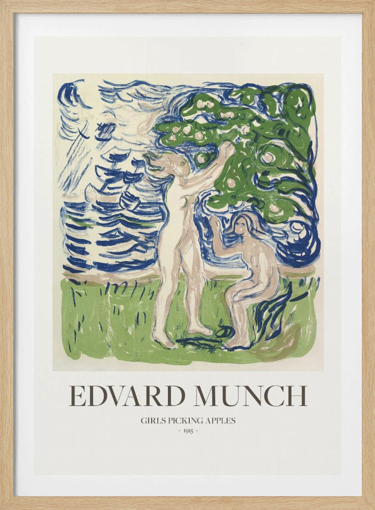 A framed poster of Edvard Munch's 1915 artwork, 'Girls Picking Apples'. The print features two nude women in a stylized landscape; one stands picking an apple from a tree, while the other sits. The art is rendered in expressive strokes of blue, green, and cream. Wall Art