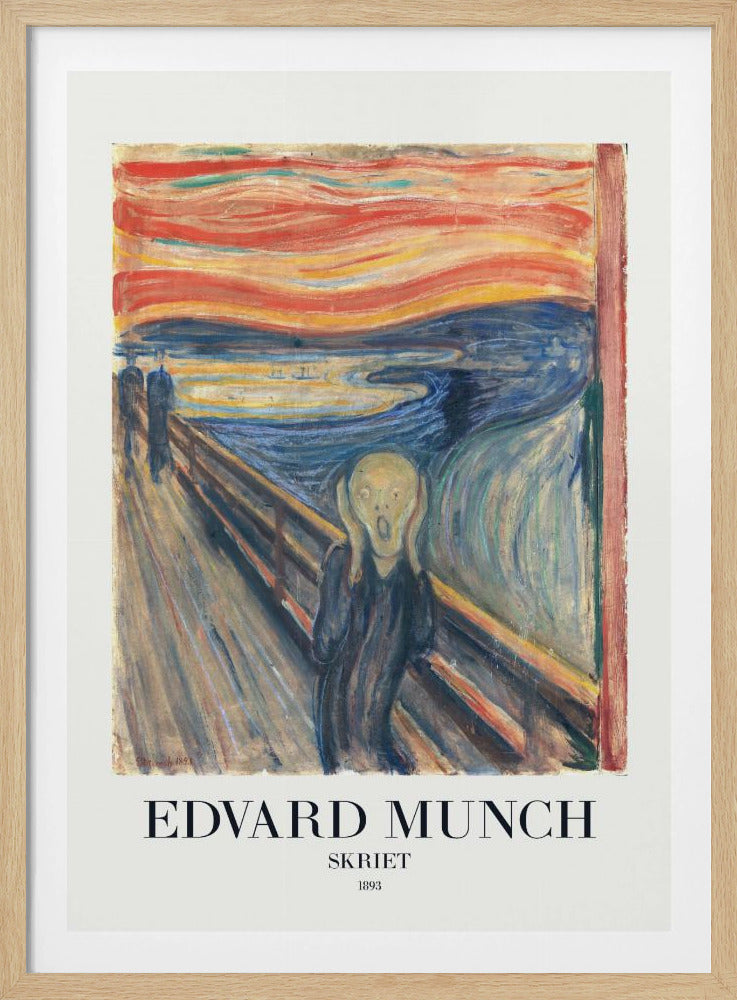 A framed poster of Edvard Munch's iconic 1893 painting 'The Scream' (Skriet). It depicts a figure with a look of anguish, hands clapped to its head, against a backdrop of a fiery, swirling orange and red sky over a dark blue fjord. The text 'EDVARD MUNCH', 'SKRIET', and '1893' is printed below the artwork. Poster