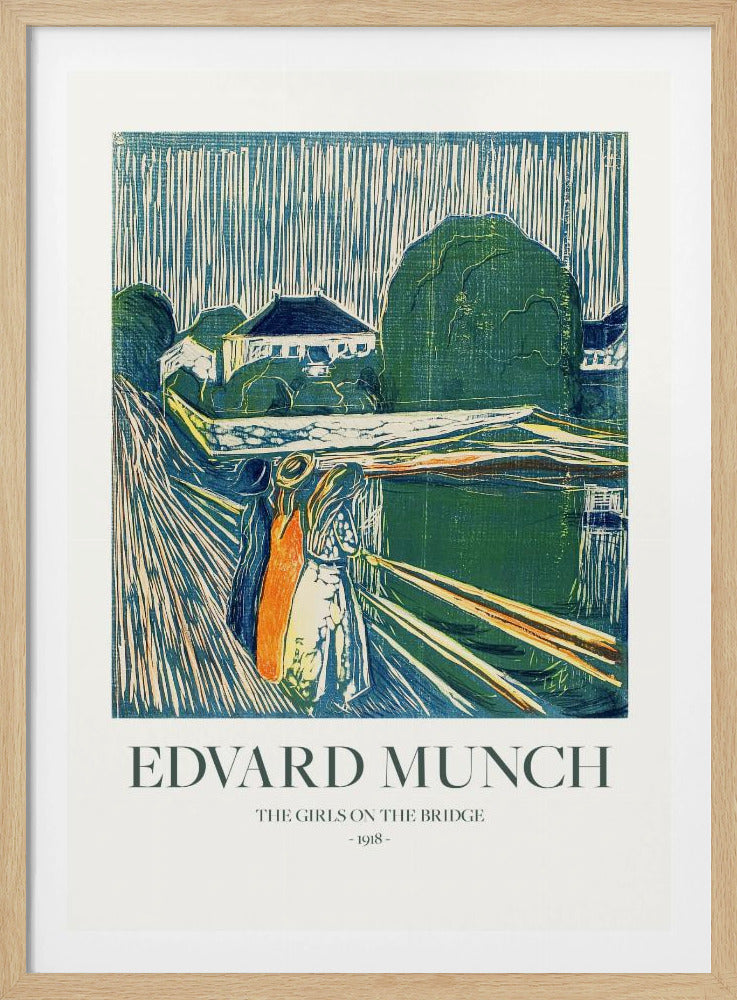 A framed poster of Edvard Munch's 1918 woodcut 'The Girls on the Bridge'. The expressionist artwork depicts three women on a bridge in a vibrant palette of green, blue, and orange, with a village scene in the background. Print