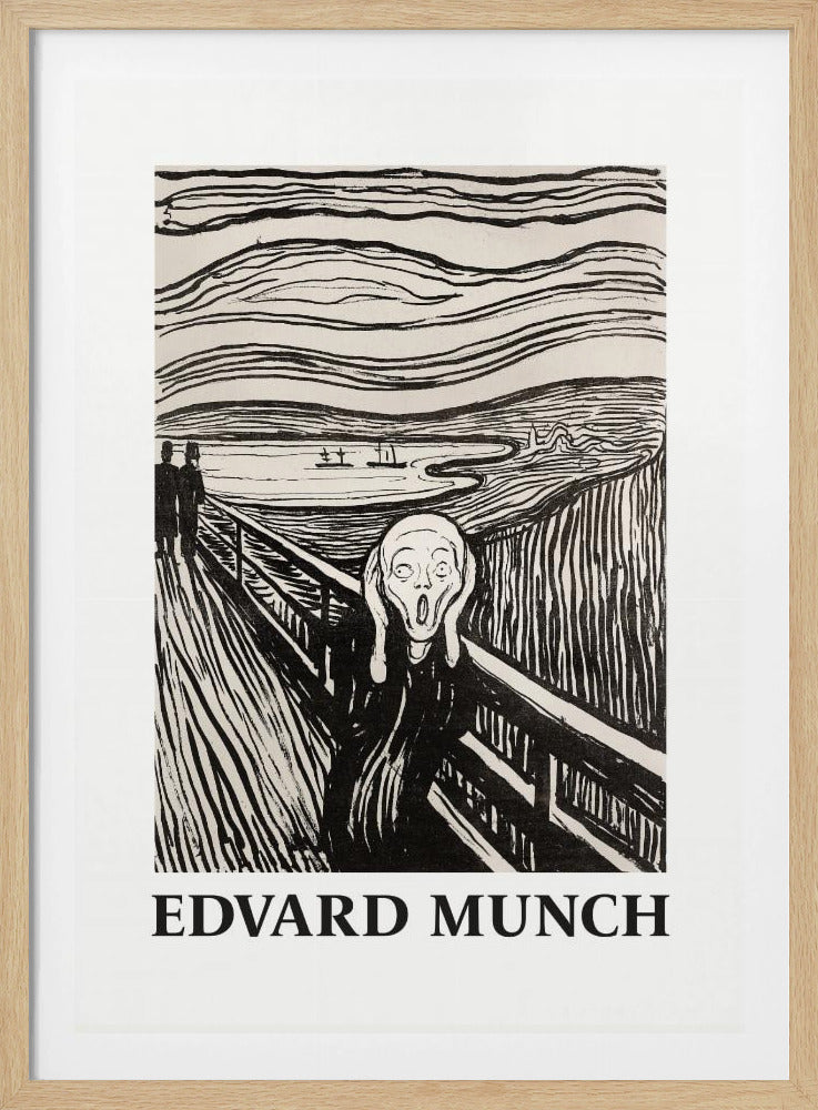 A black and white print of Edvard Munch's 'The Scream' in a black frame. The iconic artwork features a tormented figure on a bridge, screaming with hands to its head, under a swirling sky. The artist's name, 'EDVARD MUNCH', is printed below the image. Artwork