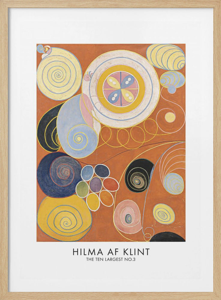 A framed art print of Hilma af Klint's abstract painting 'The Ten Largest, No. 3'. The composition features a variety of colorful, biomorphic and geometric shapes, including large spirals, circles, and looping lines in yellow, blue, pink, and black, all set against a vibrant burnt-orange background. Print