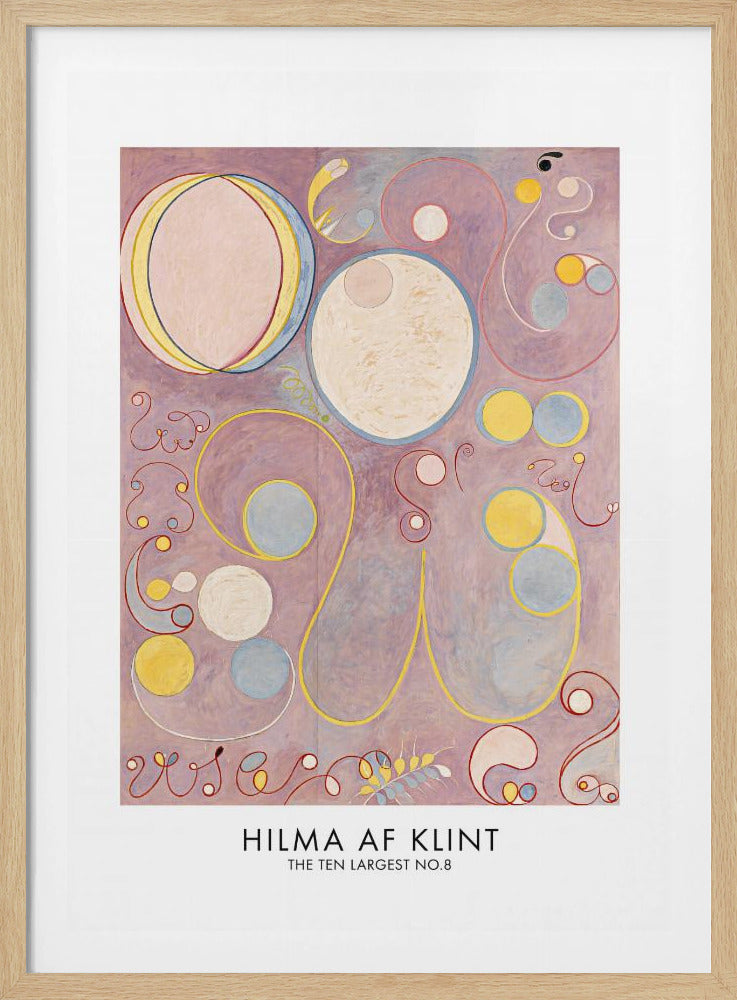 A framed art print of Hilma af Klint's abstract painting 'The Ten Largest, No. 8'. It features a collection of circles, ovals, and swirling biomorphic shapes in pastel colors like pink, yellow, and light blue set against a lavender background. Poster
