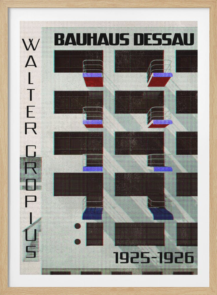 A vintage-style poster for Bauhaus Dessau, featuring a geometric representation of a building's facade. The design uses a grid of black rectangular windows on a light grey textured background, with small red and blue balconies. The text 'BAUHAUS DESSAU' is at the top, 'WALTER GROPIUS' is aligned vertically on the left, and '1925-1926' is at the bottom right, all in a black sans-serif font. Poster
