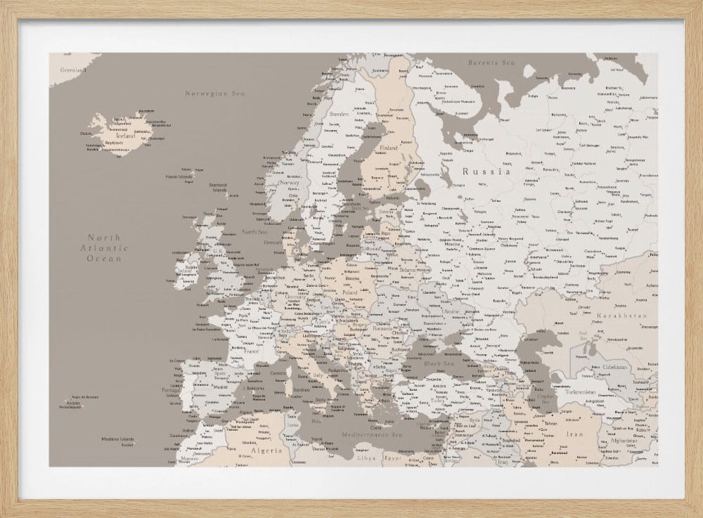 A detailed political map of Europe presented in a muted color scheme of beige and grey. The map, which includes parts of North Africa and Western Asia, is displayed in a simple silver-colored frame. Poster