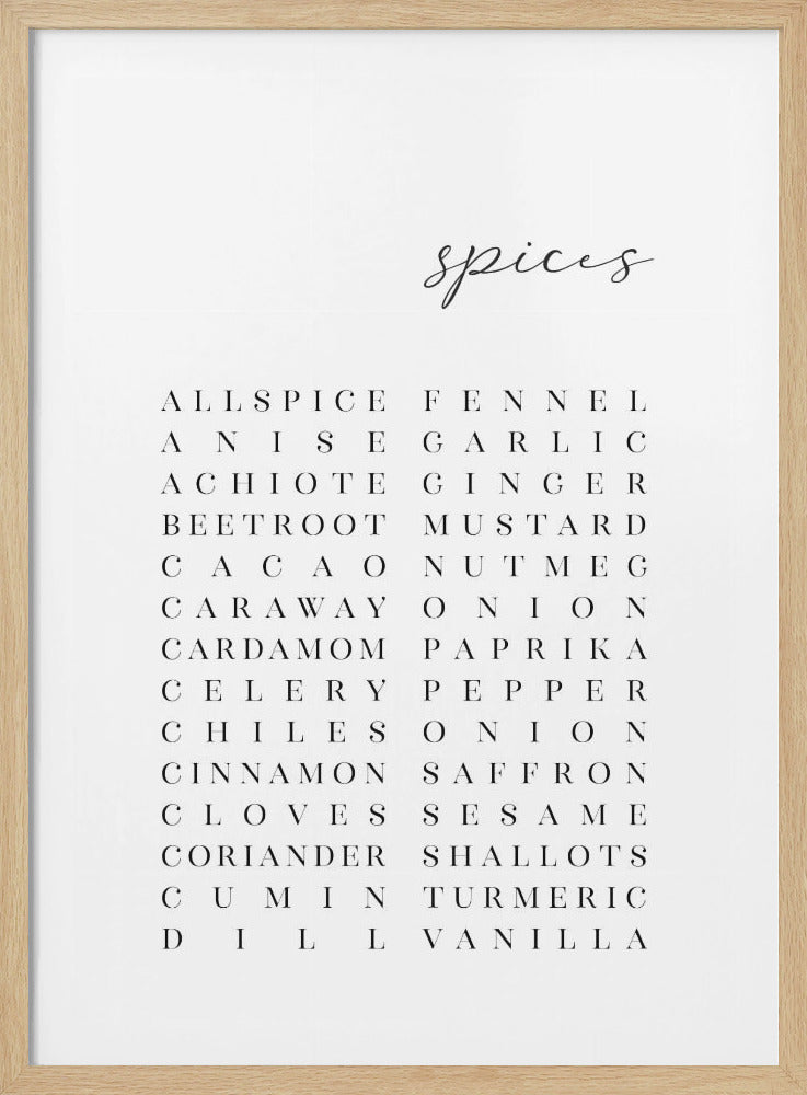 A minimalist black and white framed art print featuring the word 'spices' in a cursive font at the top. Below, a list of various spices is arranged in two columns with a modern, widely-spaced, all-caps serif font. Decor