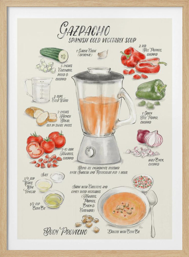 A vintage-style illustrated recipe poster for Gazpacho, a Spanish cold vegetable soup. The artwork, in a watercolor style, displays ingredients like tomatoes, peppers, cucumber, and onion around a central blender. The finished soup is shown in a bowl, garnished with croutons and drizzled with olive oil. All text is in a handwritten, calligraphic font. Wall Art