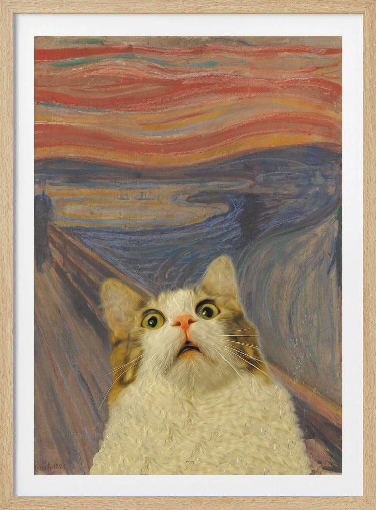 A humorous parody of Edvard Munch's 'The Scream' where the iconic screaming figure is replaced by a close-up of a wide-eyed, shocked-looking white and brown cat against the famous swirling, orange and blue background. Print