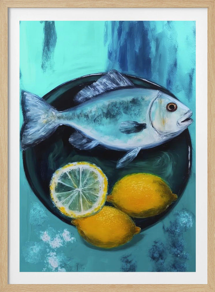 A vibrant still life painting of a silver fish on a dark plate, accompanied by two whole yellow lemons and a lemon slice, set against a painterly turquoise and blue background. Decor