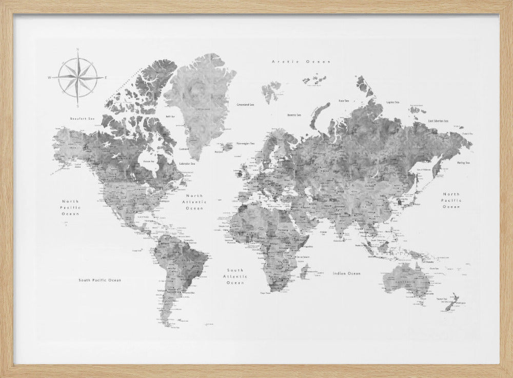 A framed, modern world map presented in a monochrome palette of black, white, and various shades of gray. The landmasses feature a detailed, textured design, set against a clean white background for the oceans. A compass rose is visible in the top left corner. The map is enclosed within a simple, light gray frame. Poster
