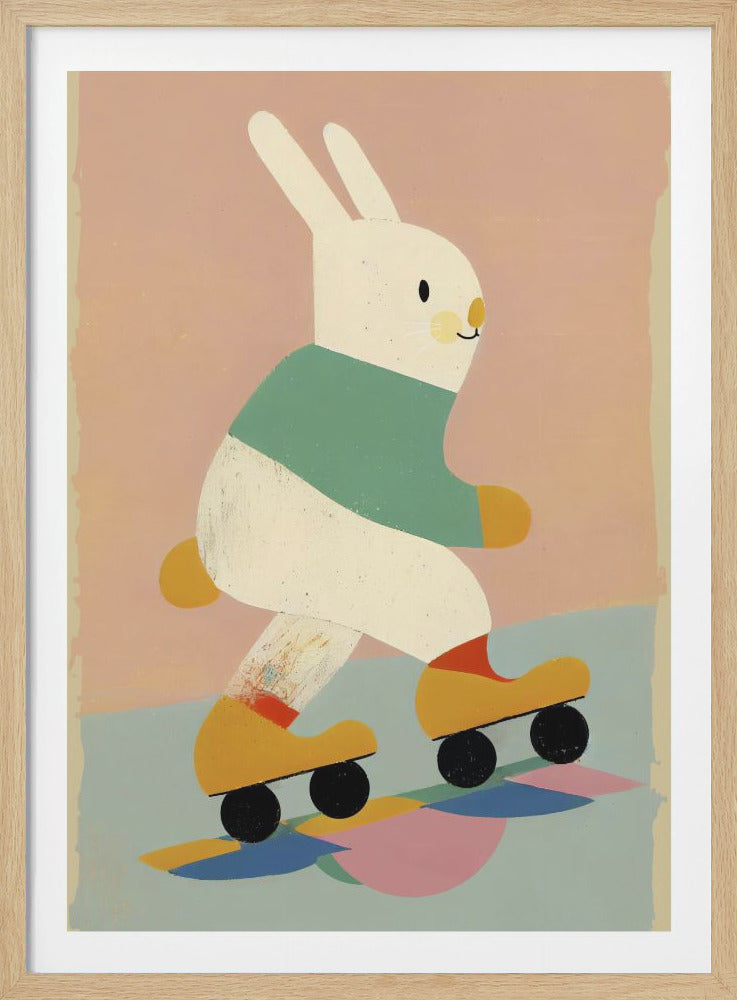 A stylized illustration of a white rabbit wearing a teal sweater and yellow roller skates. The rabbit is shown in profile, skating on a light blue surface against a soft pink background, with colorful shadows beneath its skates. Poster