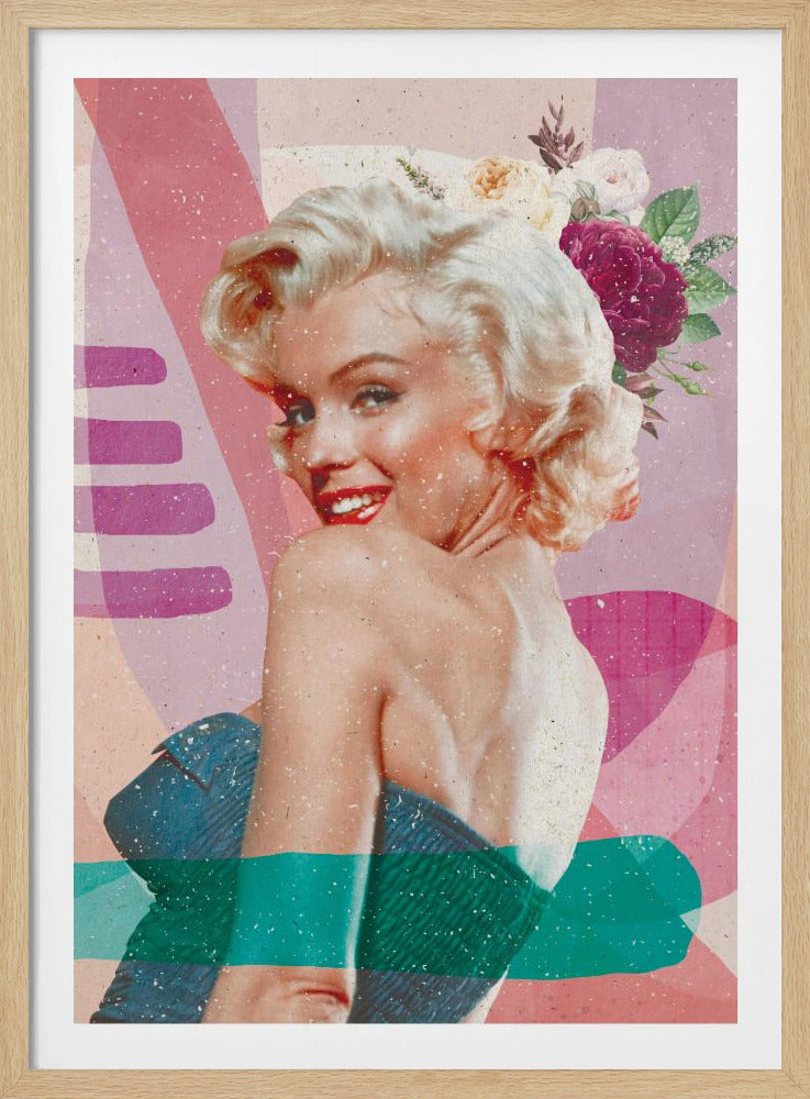 A framed, collage-style portrait of Marilyn Monroe smiling over her shoulder. Her classic blonde hair is adorned with pink, white, and burgundy flowers. She wears bright red lipstick and a blue strapless dress. The background is a textured composition of abstract shapes in shades of pink, purple, and beige, with modern teal and purple brushstrokes layered across the image. Decor