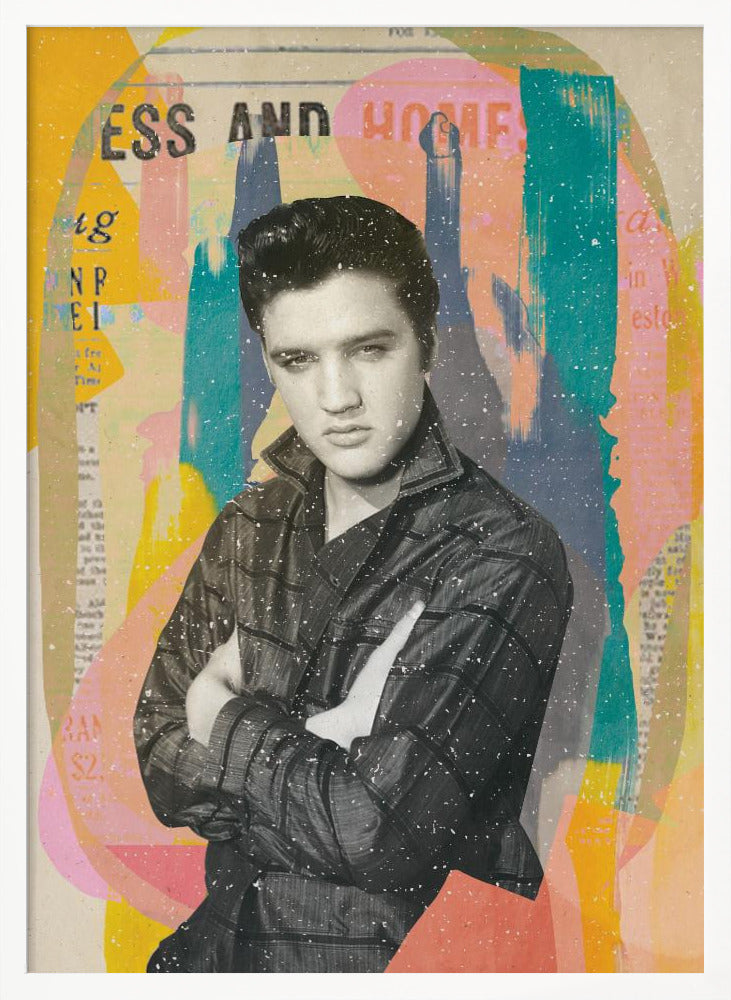 A pop art style collage of a young Elvis Presley. The portrait is in black and white, showing him with his arms crossed and a serious expression. The background is an abstract mix of colorful shapes in yellow, teal, orange, and pink, with fragments of newspaper text visible. The entire piece is covered in a light white speckle effect and is shown in a black frame. Print