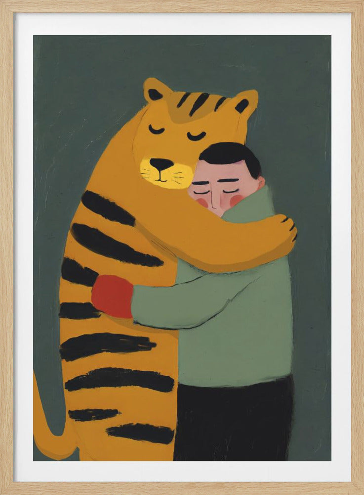 A stylized illustration of a person and a large tiger hugging each other. The tiger is orange with black stripes and has its eyes closed peacefully. The person, wearing a green sweater, is nestled into the tiger's embrace, also with closed eyes. The background is a solid dark green. Wall Art