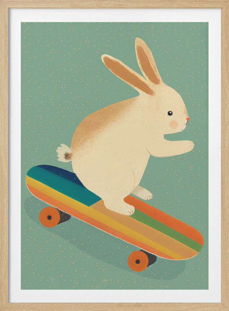 A whimsical illustration of a cute, cream-colored rabbit riding a rainbow-striped skateboard against a speckled teal background, framed in black. Poster