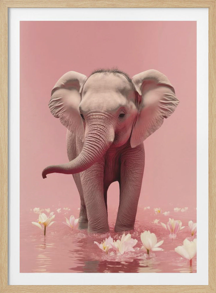A surreal artistic image of a baby elephant with a pinkish hue standing in shallow pink water. The elephant looks directly at the viewer with its trunk slightly curved. White and pink lotus flowers float in the water around its feet. The background is a solid, soft pink, creating a gentle and monochromatic scene. Poster
