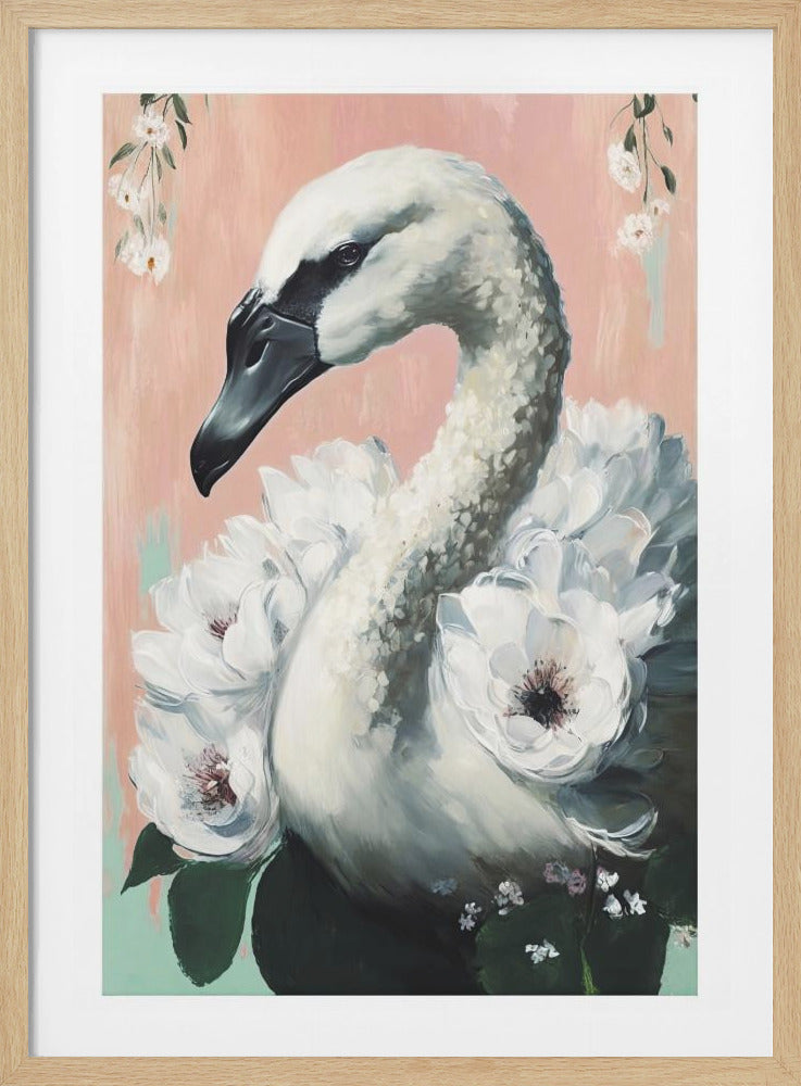 A painterly portrait of a graceful white swan against a textured pink and light green background. The swan is adorned with a collar of large, white flowers around its neck, giving it a soft and elegant appearance. The painting is framed in a simple black frame. Artwork