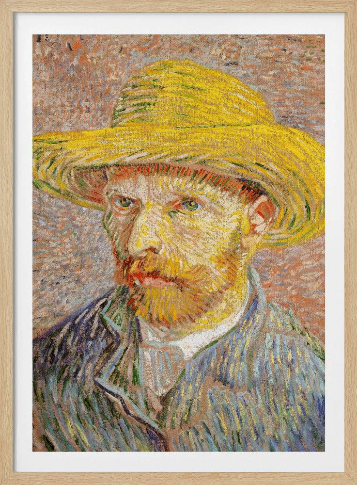 A Post-Impressionist self-portrait by Vincent van Gogh wearing a bright yellow straw hat. The painting features thick, expressive brushstrokes, with the artist's intense gaze directed at the viewer. He has a reddish-blond beard and is wearing a blue jacket against a textured, warm-toned background. Wall Art