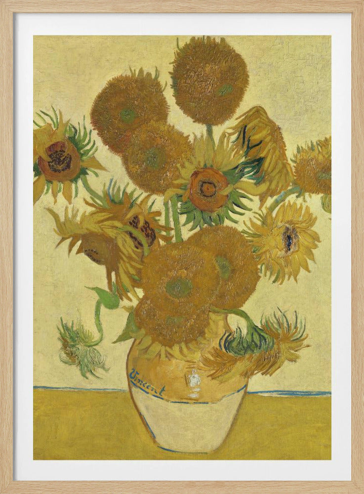 A framed reproduction of Vincent van Gogh's famous 'Sunflowers' painting. It depicts a rustic earthenware vase filled with a bouquet of sunflowers in various stages of life, from full bloom to wilting. The painting is characterized by its vibrant yellow and brown tones and thick, expressive brushstrokes, signature to the post-impressionist style. The artist's name, 'Vincent', is signed on the vase. Decor