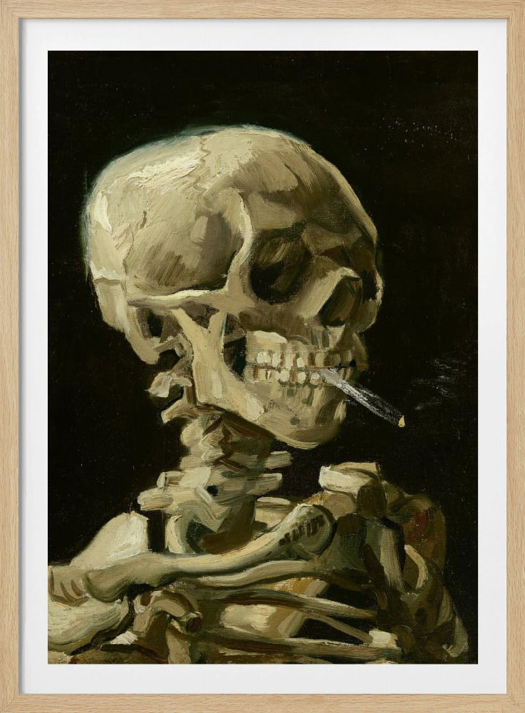 A classic oil painting depicting a human skeleton from the chest up against a stark black background. The skeleton holds a lit cigarette between its teeth, rendered in expressive brushstrokes of beige, white, and brown. Poster