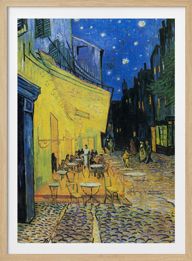 Vincent van Gogh's famous post-impressionist painting, 'Café Terrace at Night,' depicting a brightly illuminated yellow café with outdoor seating on a cobblestone street under a starry deep blue sky. Print