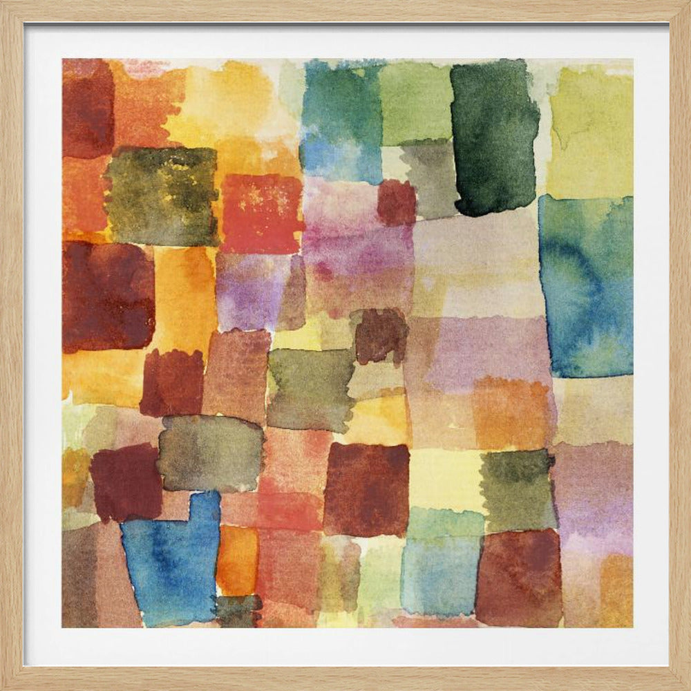 A framed abstract watercolor painting featuring a grid of overlapping, hand-painted squares in various colors. The palette is rich with warm tones of red, orange, and yellow, balanced with cooler shades of green, blue, and purple, creating a mosaic-like composition. Print