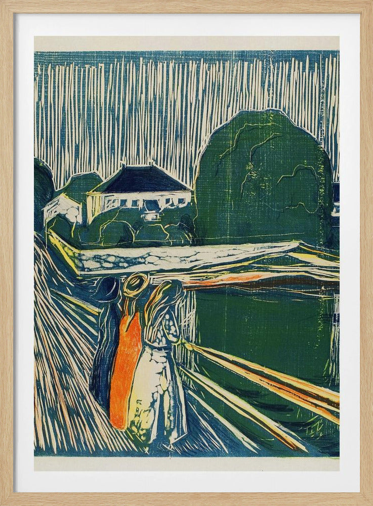A vintage woodcut print by Edvard Munch titled 'The Girls on the Bridge,' depicting three women standing on a pier in an expressionist style. The artwork uses a palette of deep blues, greens, and cream, with a bold orange dress on one figure, set against a backdrop of houses and a sky with dramatic vertical lines. Wall Art