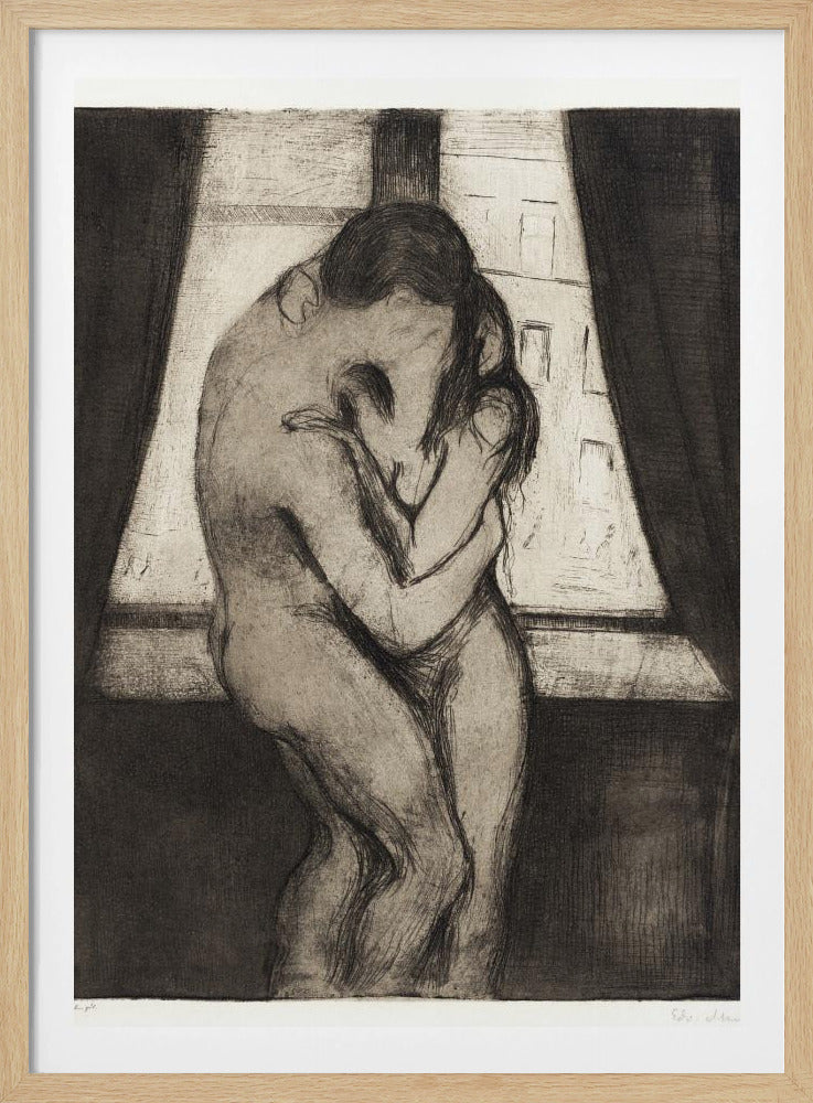 A black and white etching by Edvard Munch titled 'The Kiss,' depicting two nude figures in a passionate embrace, their faces melding into one. They stand before a window with a view of a city, framed by dark curtains, in a highly emotional, expressionistic style. Poster