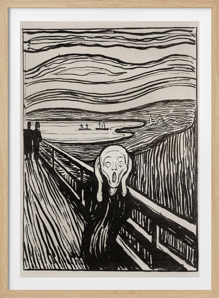 A black and white print of Edvard Munch's famous painting 'The Scream,' featuring a tormented figure on a bridge holding its head with a look of horror. The background consists of swirling lines representing the sky and a fjord, all rendered in a stark, expressionist style and enclosed in a simple black frame. Wall Art