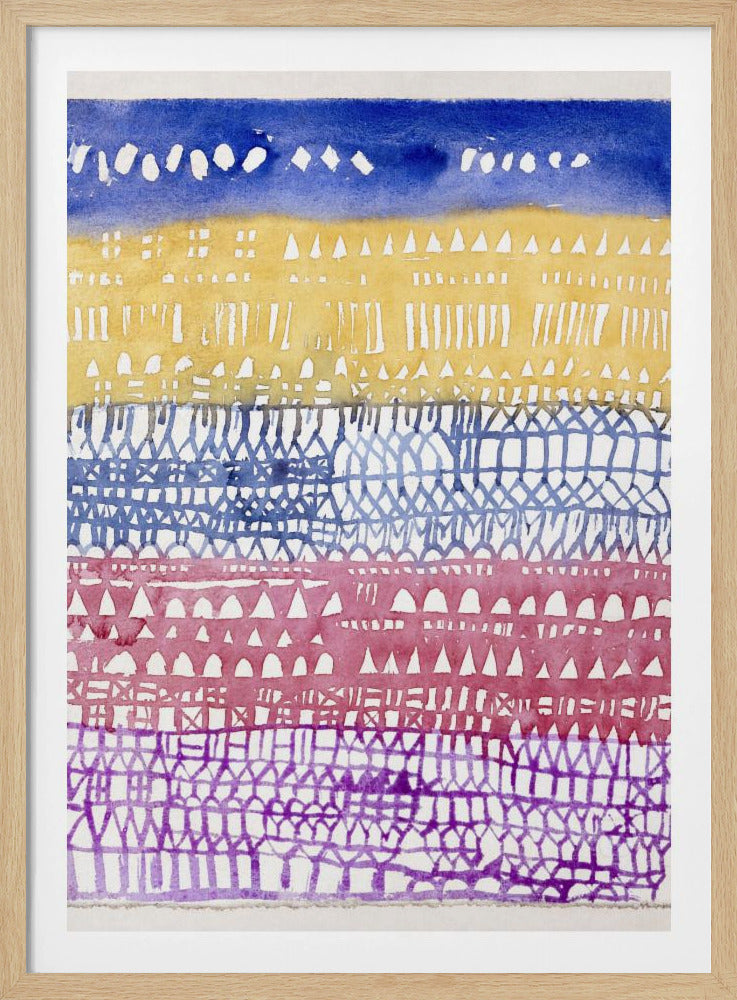 An abstract watercolor painting in a black frame, featuring horizontal bands of color and intricate patterns created using a resist technique. From top to bottom, the bands are deep blue, golden yellow, periwinkle blue, magenta, and purple, each filled with unique geometric shapes like triangles, dashes, and gridwork. Poster