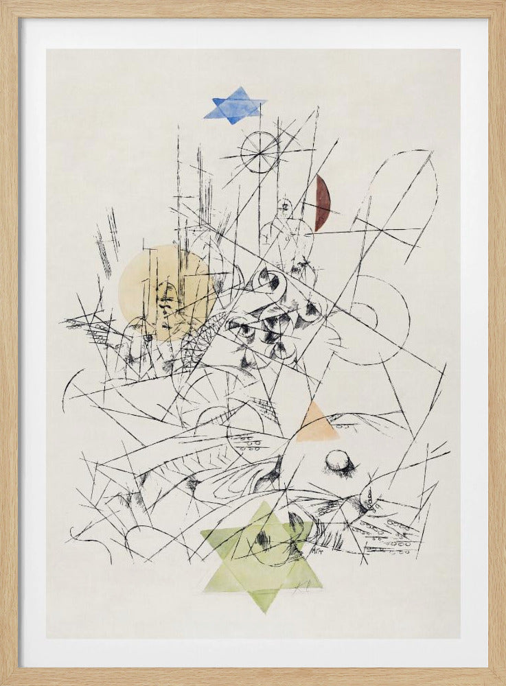 An abstract modernist artwork in a black frame, featuring a chaotic composition of black ink lines on a cream background. The drawing is overlaid with several transparent watercolor shapes: a blue Star of David at the top, a light green one at the bottom, a yellow circle, and other colored geometric forms. Print