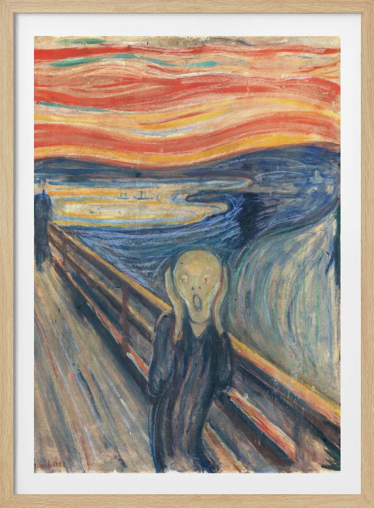 A framed print of Edvard Munch's famous painting 'The Scream,' depicting an anguished figure holding its head and screaming under a swirling, fiery red and orange sky. The figure stands on a bridge overlooking a dark blue fjord, with two distant figures in the background. Decor
