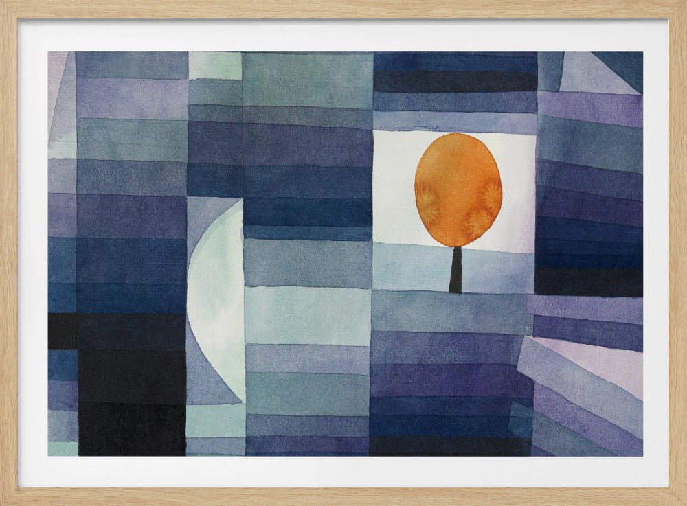 A framed abstract watercolor painting by Paul Klee, featuring a geometric background of horizontal stripes in various shades of blue and purple. A single stylized tree with a vibrant orange, circular top is set against a white background, creating a stark contrast. Poster