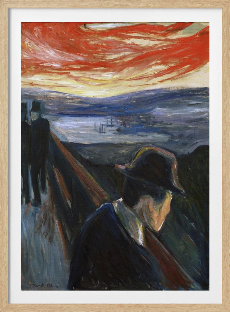An expressionist painting by Edvard Munch titled 'Despair,' showing a man in a dark hat and coat from behind, leaning on a railing of a bridge under a turbulent red and orange sky. In the background, two other figures walk away, and a somber blue landscape with a fjord is visible. Poster