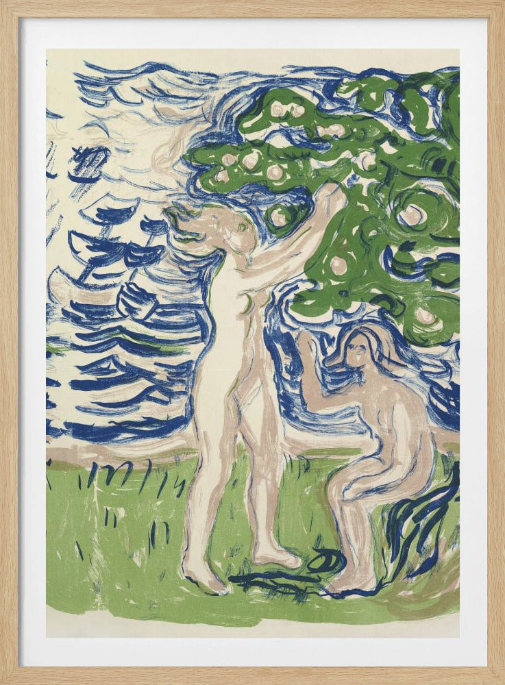 An expressionist woodcut print depicting two nude figures in a stylized natural setting. One figure stands, reaching up into a large green tree with fruit, while the other kneels on the ground. The background consists of a body of water with bold, blue, wavy lines. The artwork uses a limited color palette of blue, green, and pale flesh tones on a cream background. Wall Art