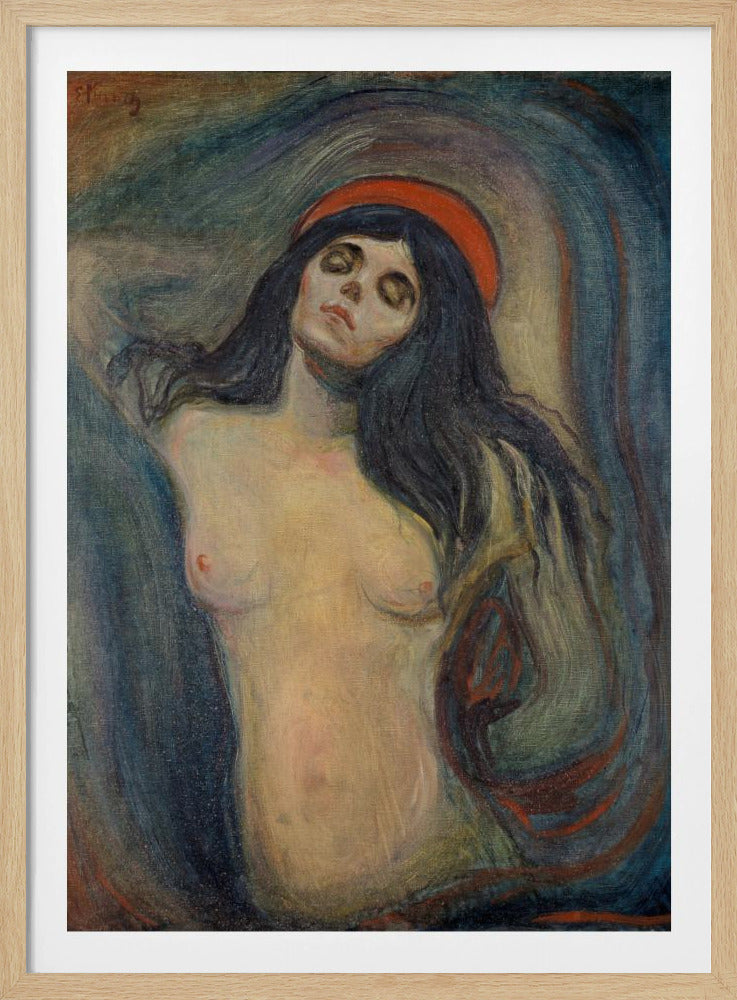 An expressionist painting of a woman, 'Madonna' by Edvard Munch. The woman is shown from the chest up, nude, with long dark hair. Her head is tilted back, eyes closed in a state of ecstasy, and she wears a red halo. The background is a swirling mix of dark blues, purples, and greens. Print