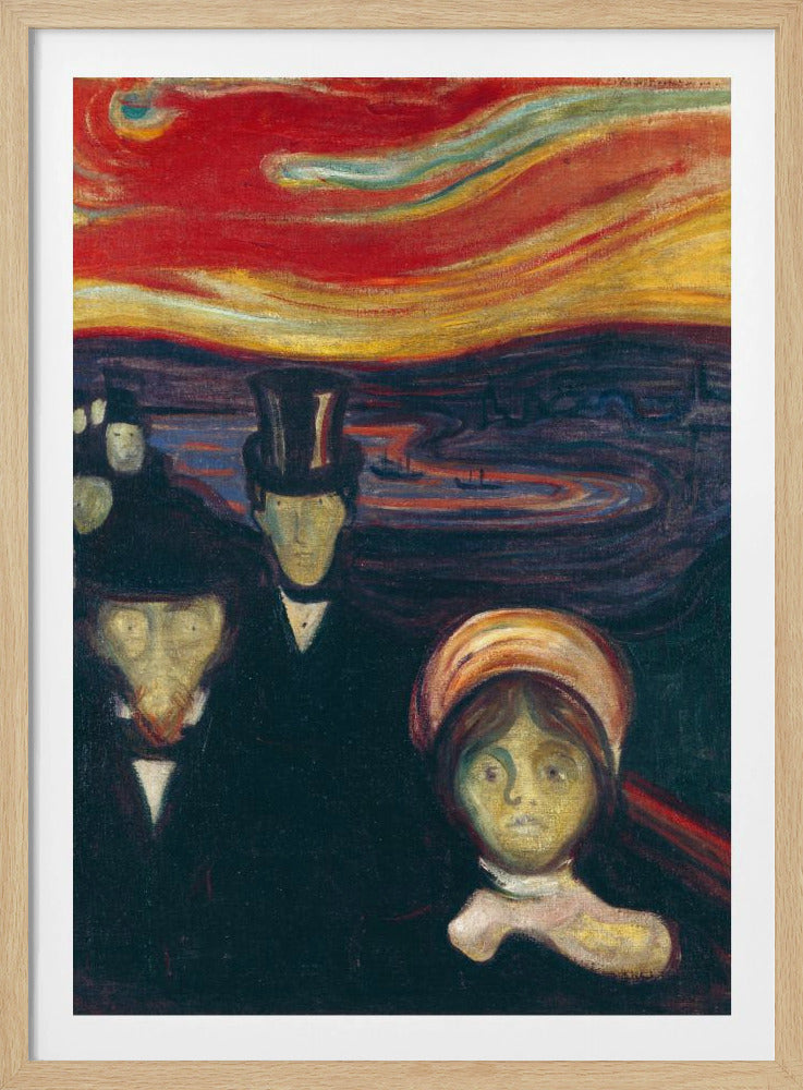 A vertical painting by Edvard Munch titled 'Anxiety,' depicting a crowd of pale, ghostly figures with anxious expressions under a turbulent, fiery red and orange sky. The figures in the foreground are dressed in dark formal wear, creating a stark contrast with the vibrant, unsettling sunset. Print