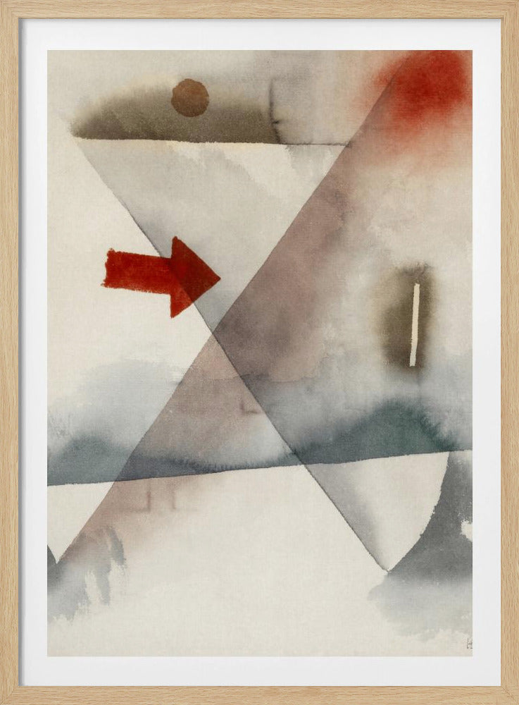 An abstract watercolor painting featuring large, overlapping triangles in muted shades of gray and brown. A vibrant, solid red arrow points to the right, creating a sharp contrast with the soft, washed background. Other subtle elements include a brown circle at the top and a splash of red in the upper right corner. Artwork