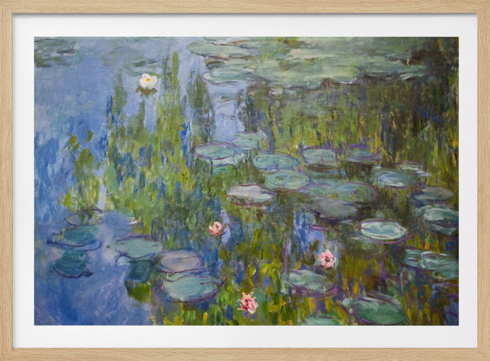 A framed impressionist painting of a water lily pond. The artwork features shades of blue water, numerous green lily pads, and scattered white and pink flowers, all rendered with visible, textured brushstrokes in the style of Monet. Wall Art