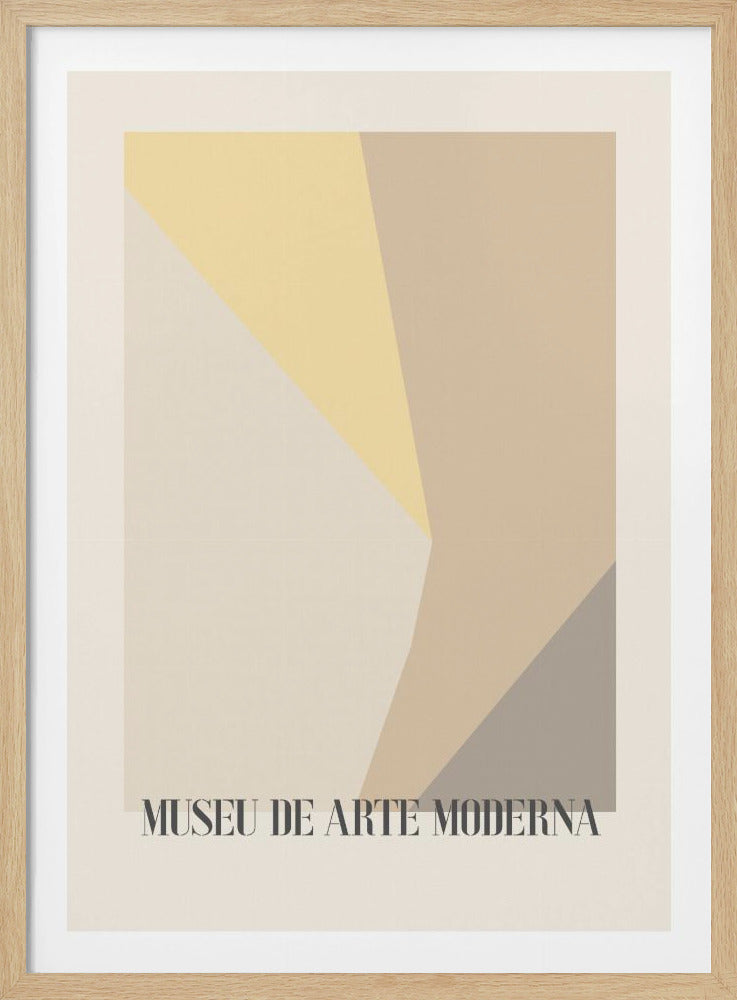 A framed abstract art print with a geometric composition of interlocking shapes in muted colors including pale yellow, beige, and taupe. The artwork is set against a light cream background, with the text 'MUSEU DE ARTE MODERNA' in a dark serif font at the bottom. The entire piece is matted in white and set in a simple black frame. Decor