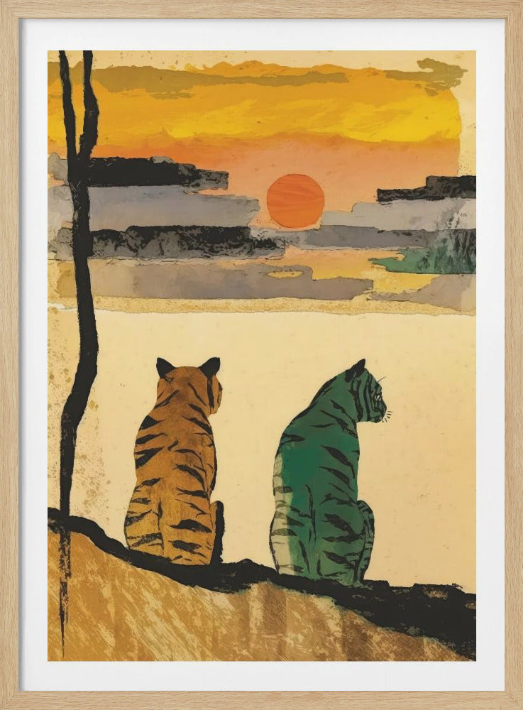 A stylized illustration of two tigers, one orange and one green, sitting side-by-side with their backs to the viewer. They are perched on a dark ledge, looking out at an abstract sunset with an orange sun and layered clouds of grey, black, and yellow. Decor