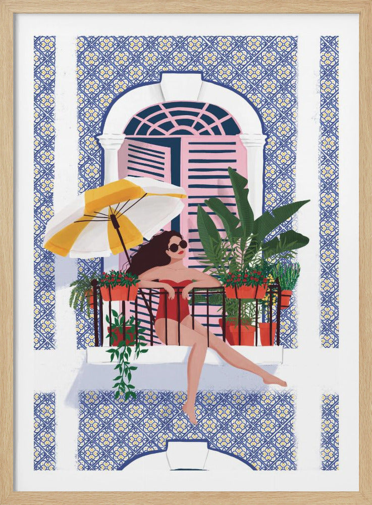 An illustration of a woman in a red swimsuit and sunglasses lounging on a sunny balcony filled with potted plants. Behind her is a building with blue and yellow patterned tiles and a window with pink shutters, partially shaded by a yellow and white striped umbrella. Artwork