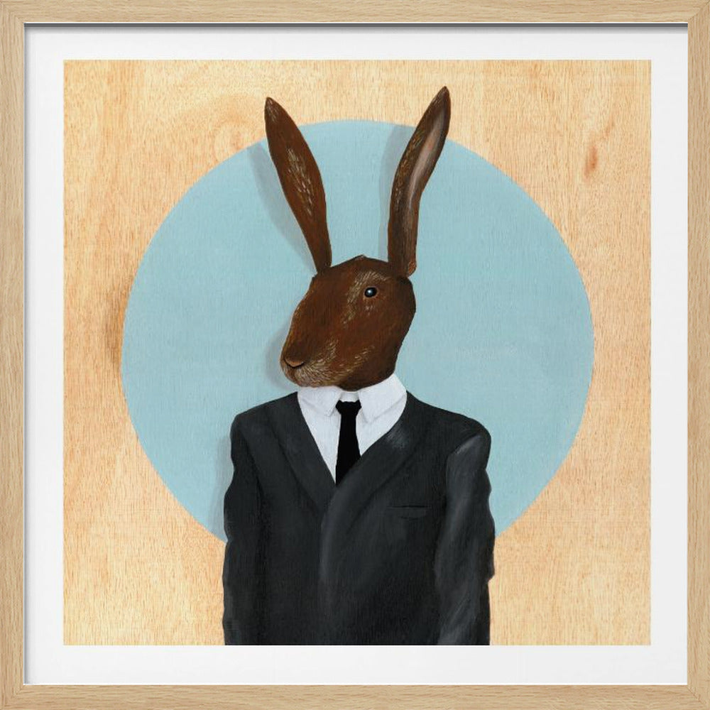 A framed portrait painting of an anthropomorphic brown hare wearing a black suit, white shirt, and black tie. The hare has long ears and stands against a light blue circular background on a light wood panel. Wall Art