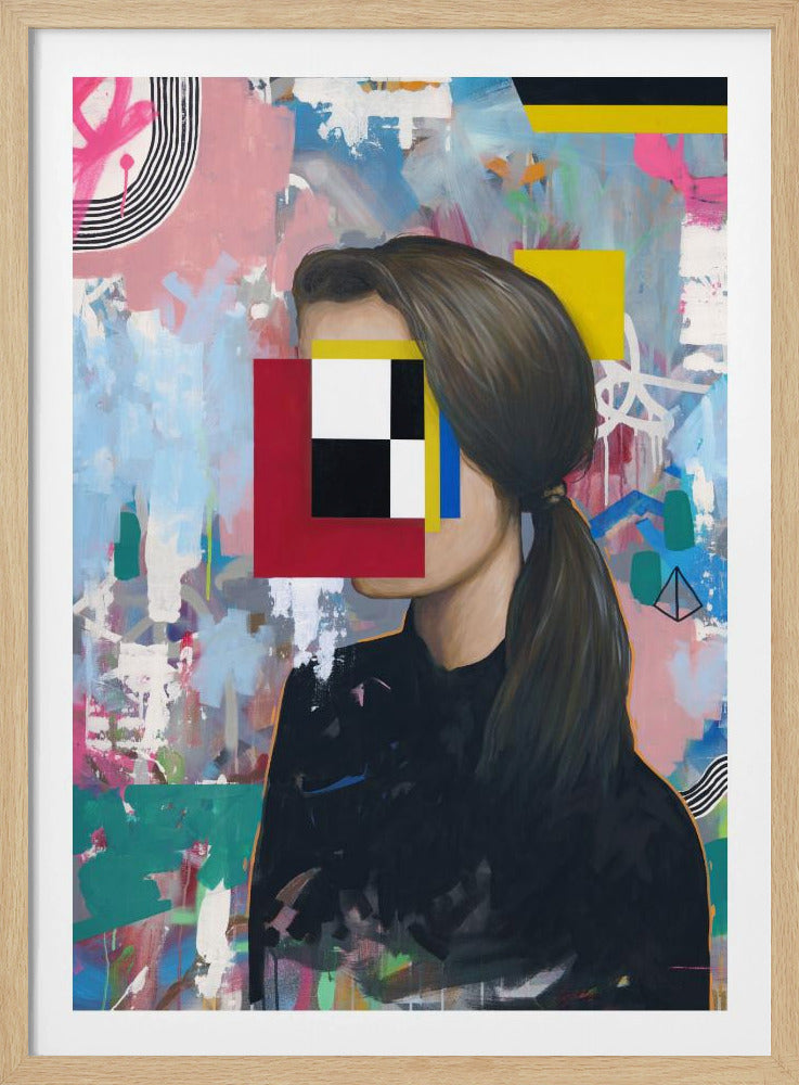A modern abstract portrait of a woman in profile with her face obscured by a collage of red, yellow, blue, black, and white geometric shapes. She has brown hair in a ponytail and wears a black shirt, set against a vibrant, graffiti-style background of pink, blue, and teal brushstrokes. Decor