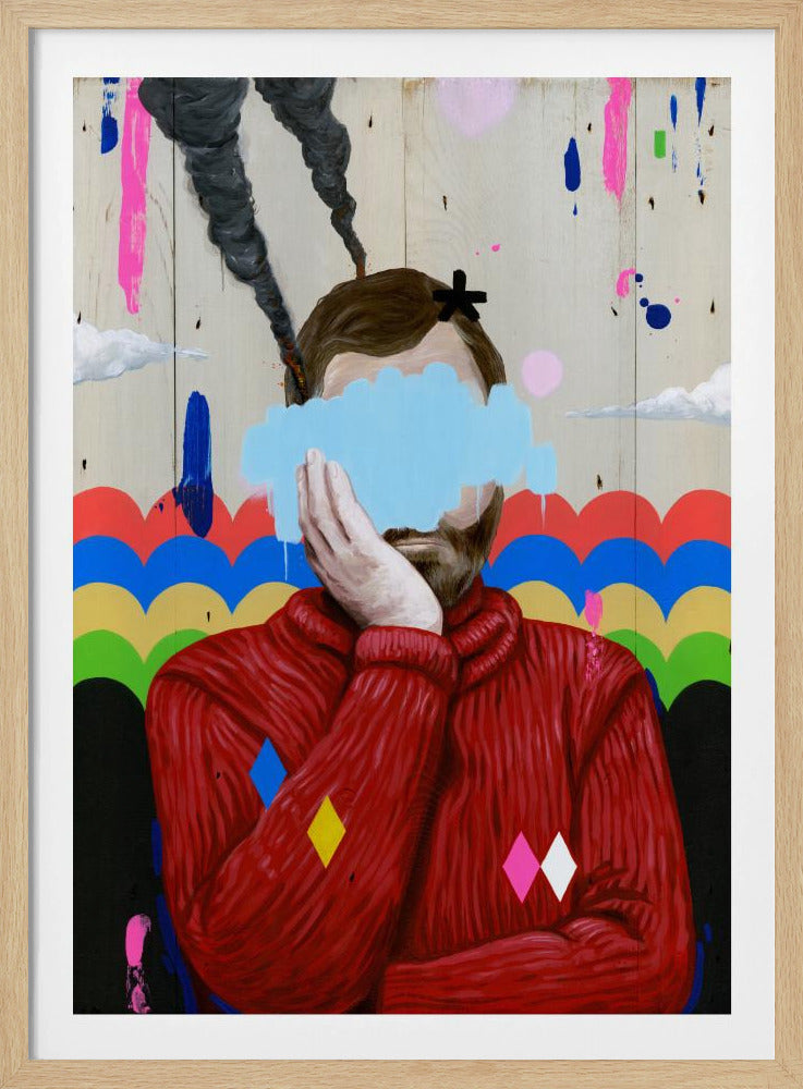 A surrealist painting of a man in a thick red sweater with his face obscured by a light blue cloud. His hand rests on his cheek in a pensive pose, and two plumes of black smoke rise from his head. The background is a mix of wood grain, colorful rainbow scallops, and paint splatters. Artwork